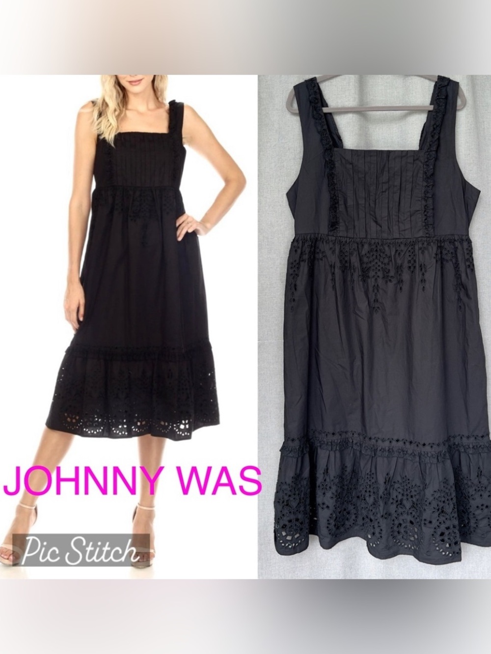 JOHNNY WAS Jade Jesminda Eyelet Embroidered COTTON Midi Dress Boho Chic black